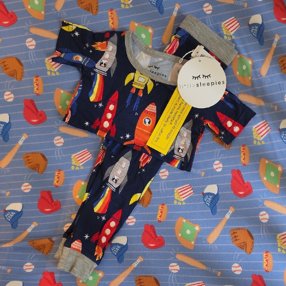 Little Sleepies Navy Rocket Print Footed Pajamas